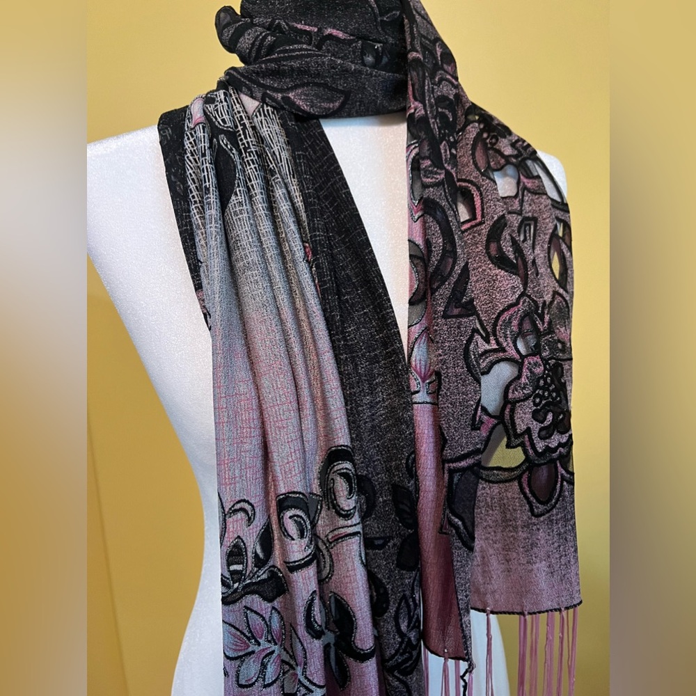 Gorgeous shawl - black, pink, and metallic silver